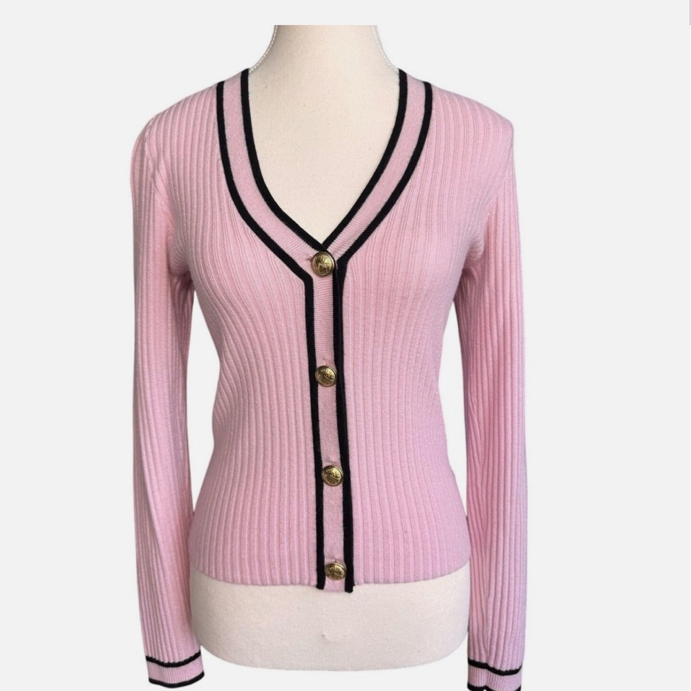 Express Pink Cardigan with Black Accents and Gold Buttons